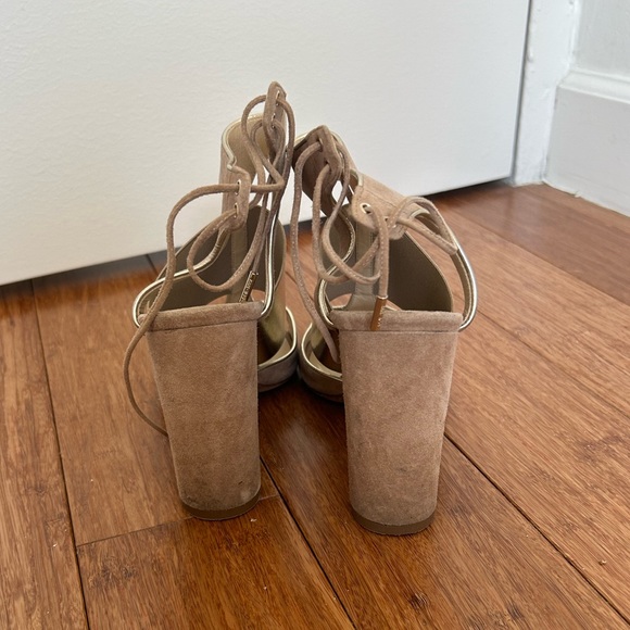 Authentic Jimmy Choo suede taupe & metallic block heels - Picture 3 of 5